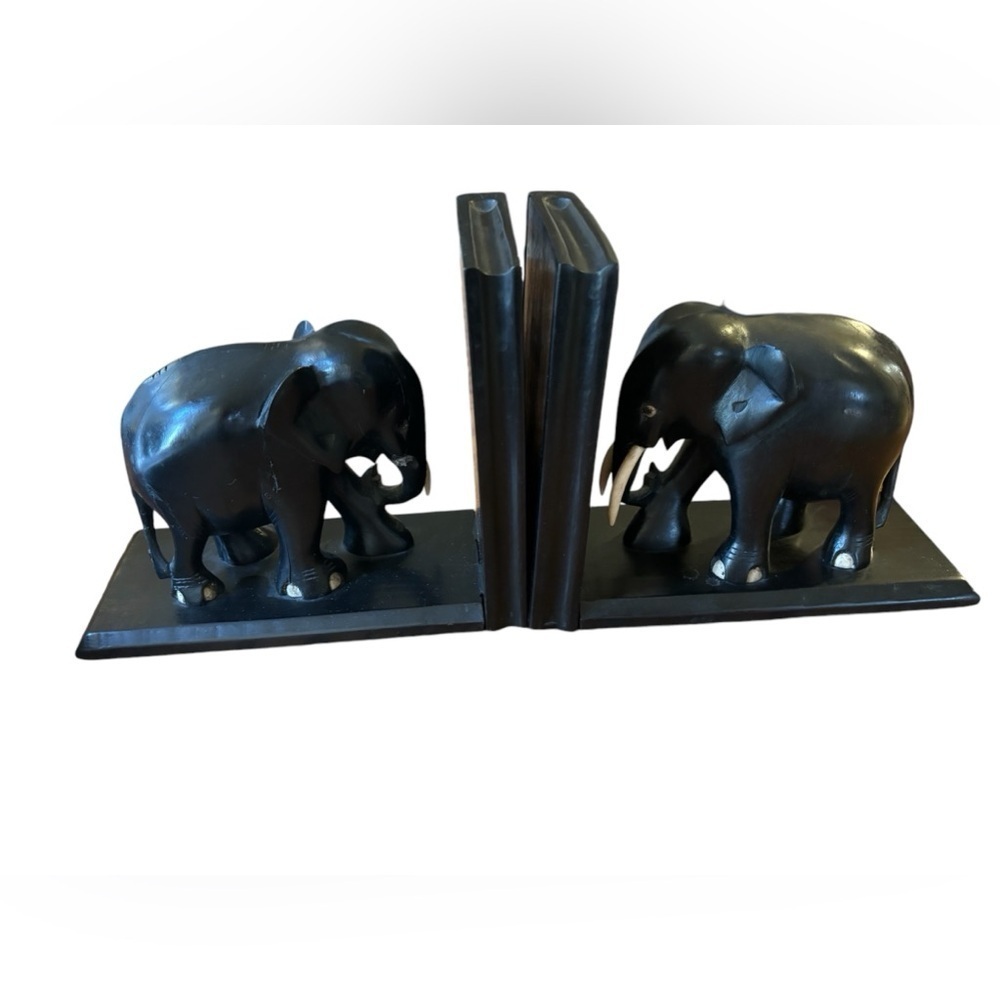 Black Pair of 1920s Carved Ebony Elephant Bookends Wood 6X7” India Jungle